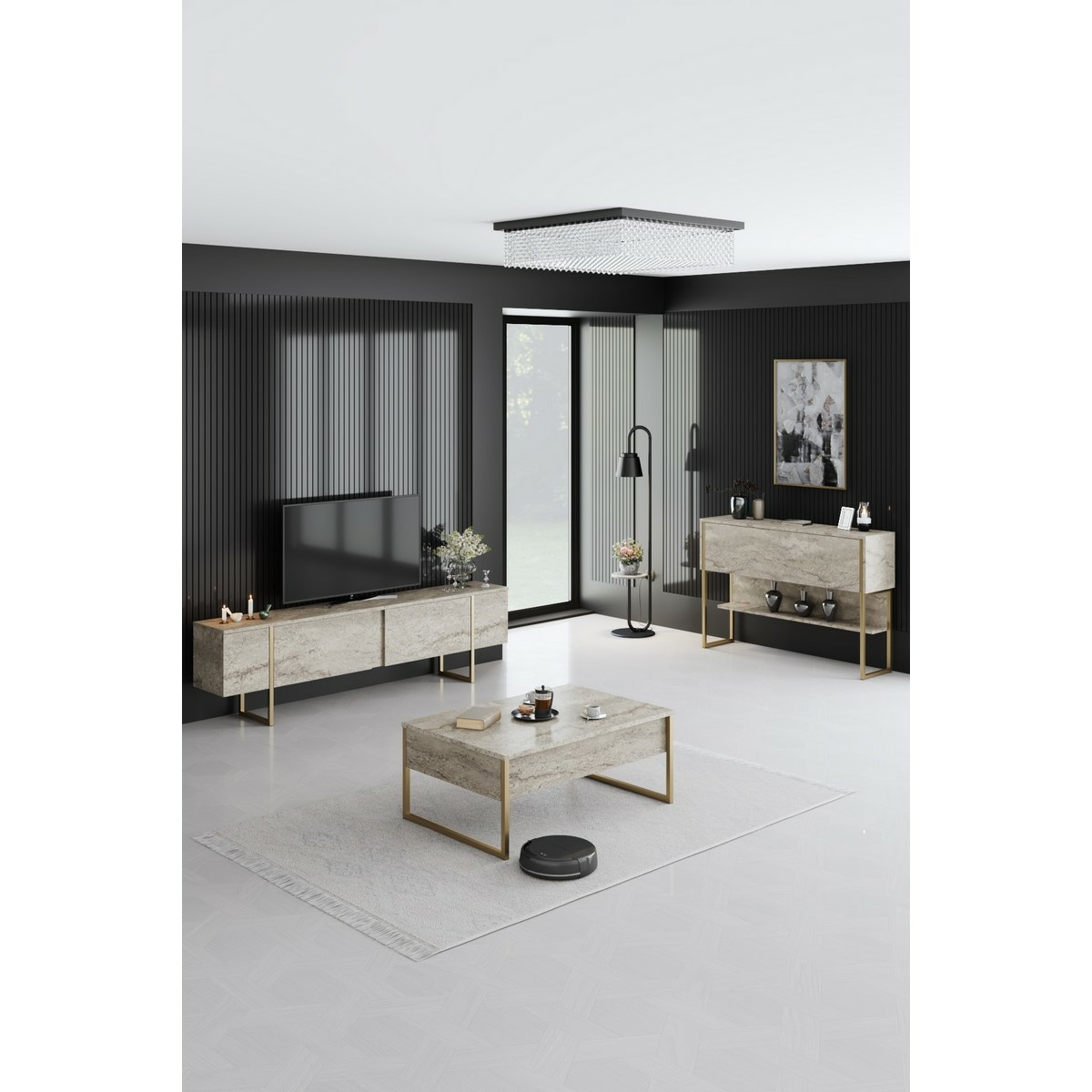 Konferenčný stolík Luxe Travertine and Gold – Obrázok 2