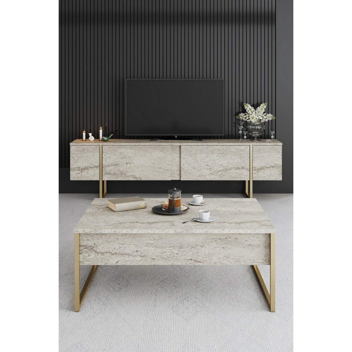 Konferenčný stolík Luxe Travertine and Gold – Obrázok 3