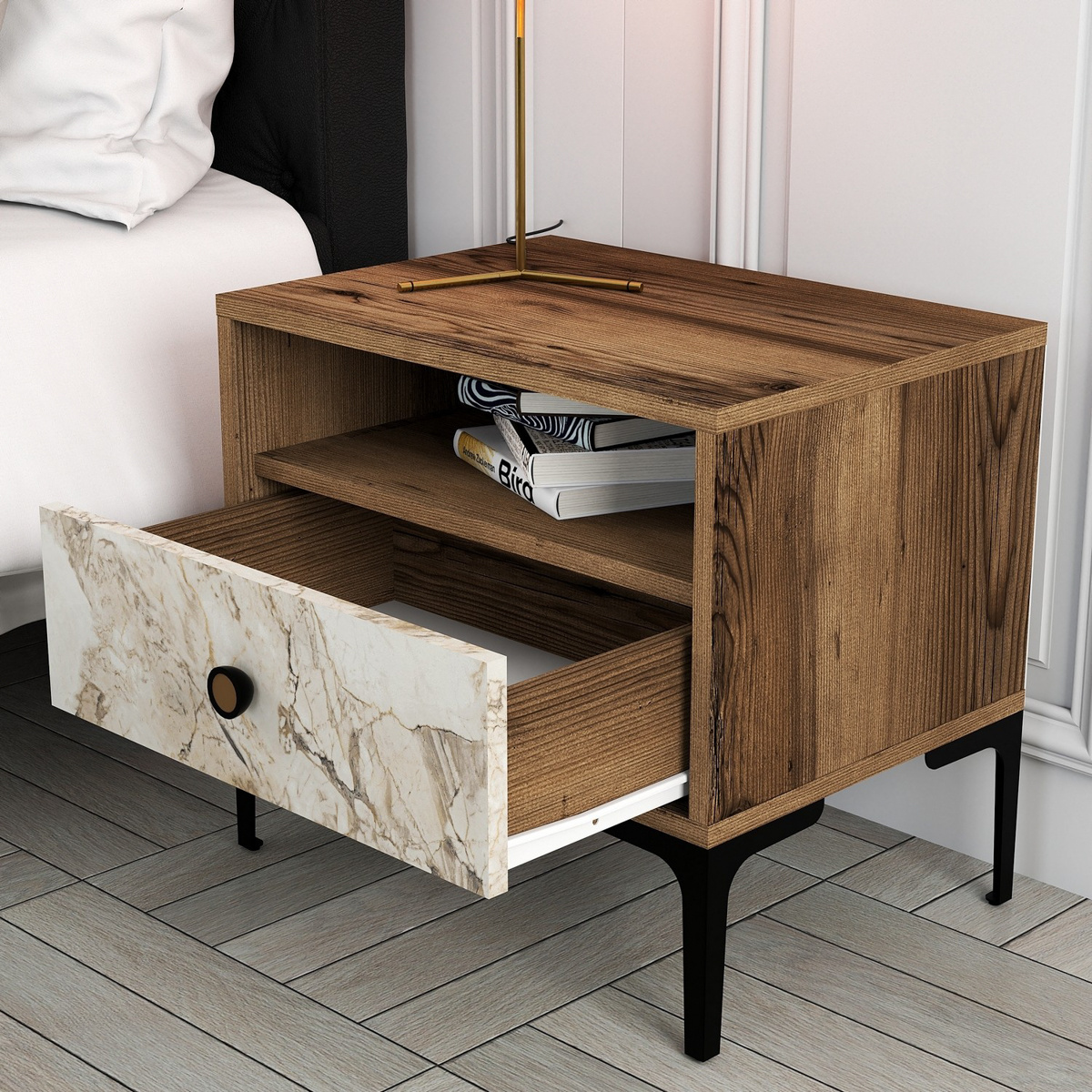 Nočný stolík Lizbon Walnut White – Obrázok 2