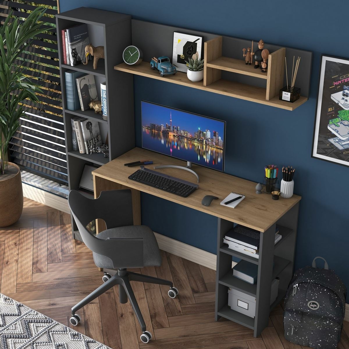 Pracovný stôl s knižnicou Hado Walnut and Anthracite – Obrázok 3