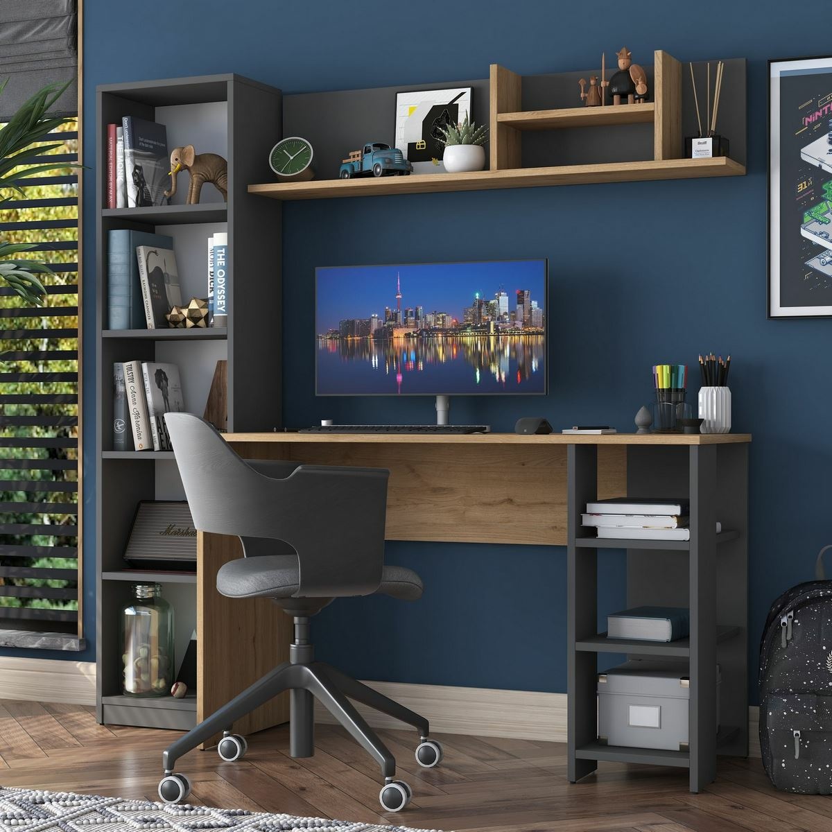 Pracovný stôl s knižnicou Hado Walnut and Anthracite – Obrázok 6