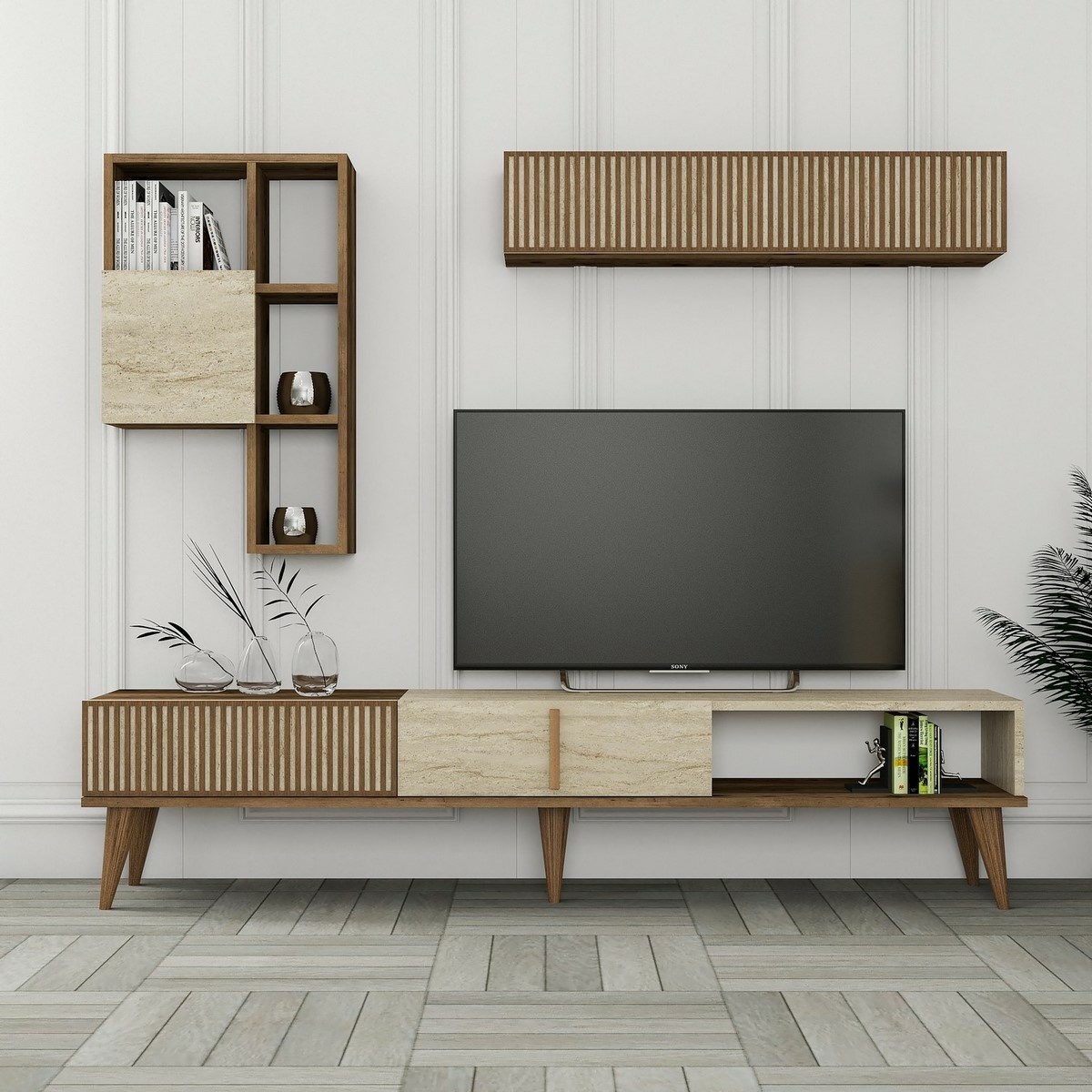 Televízna stena Milan Walnut and Travertine – Obrázok 2