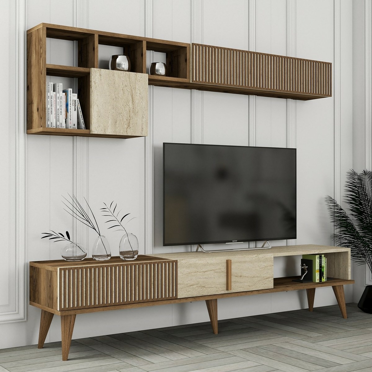 Televízna stena Milan Walnut and Travertine – Obrázok 3