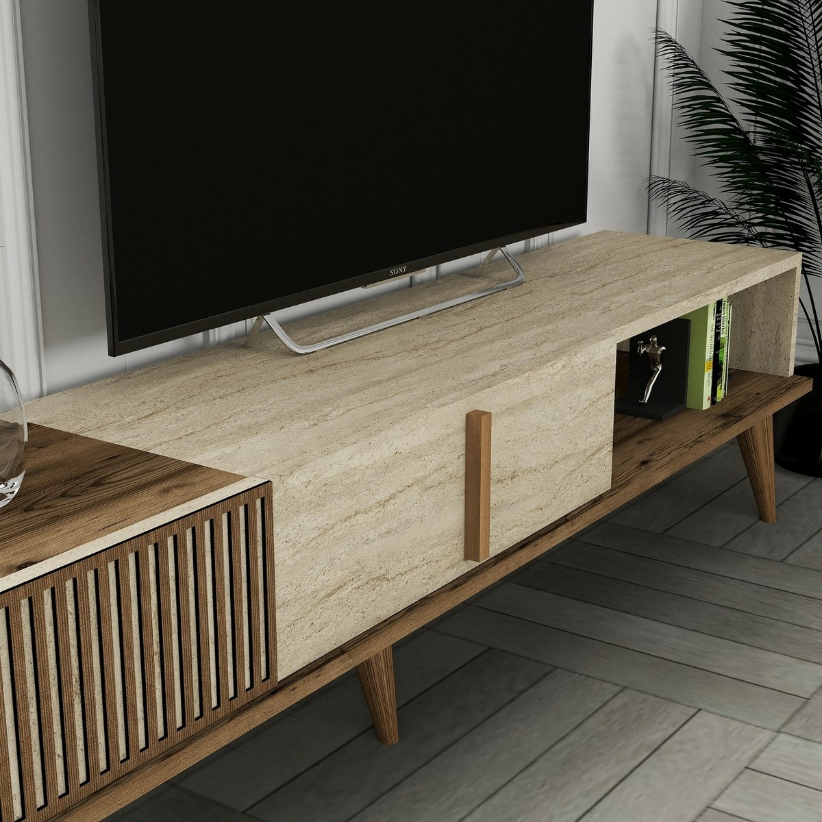 Televízna stena Milan Walnut and Travertine – Obrázok 4