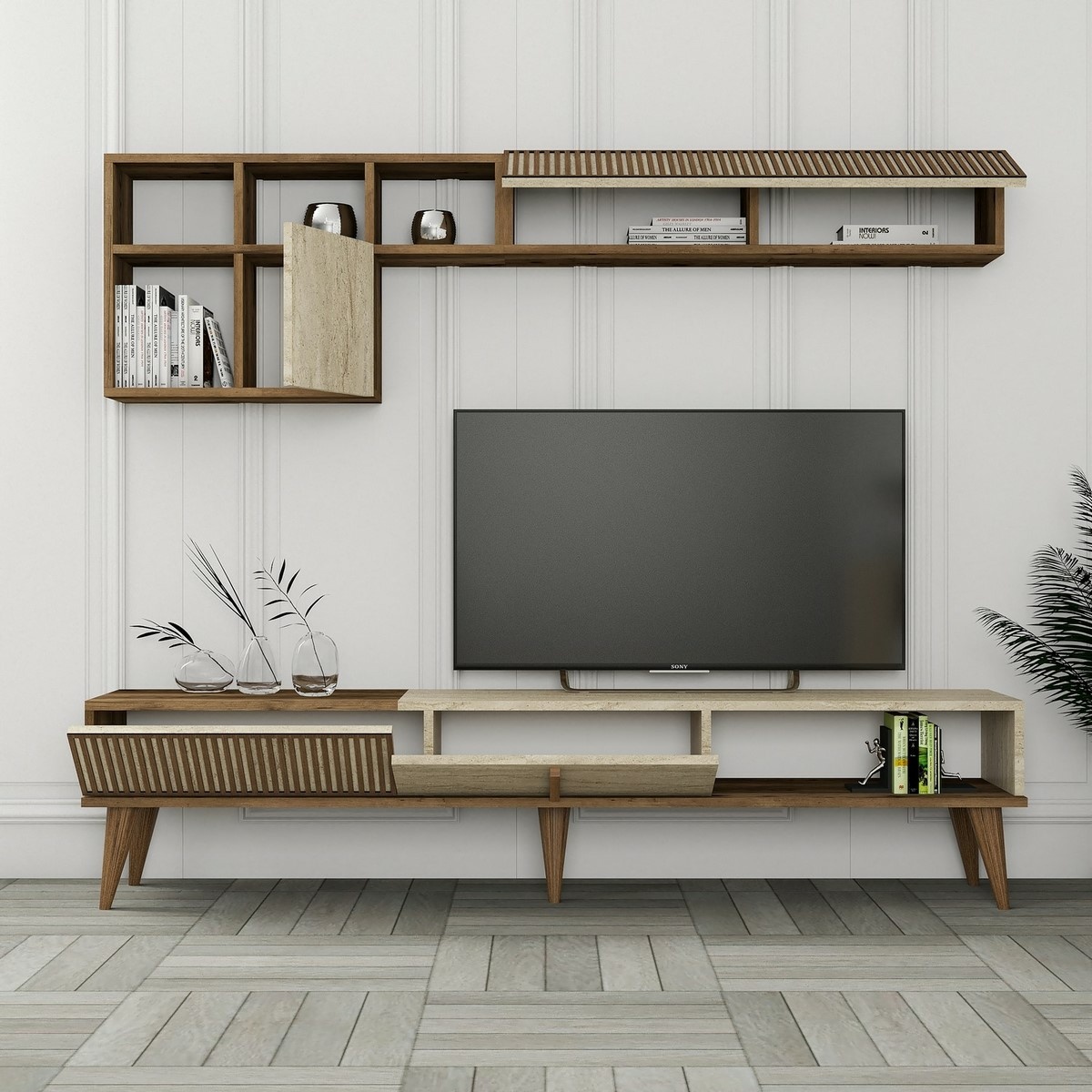 Televízna stena Milan Walnut and Travertine – Obrázok 5
