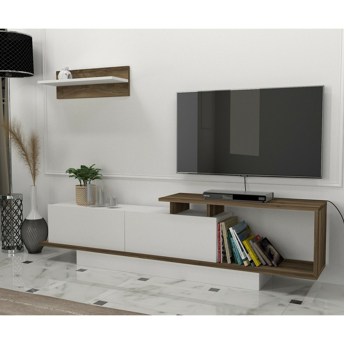Televízny stolík s policou Asos White and Walnut – Obrázok 2