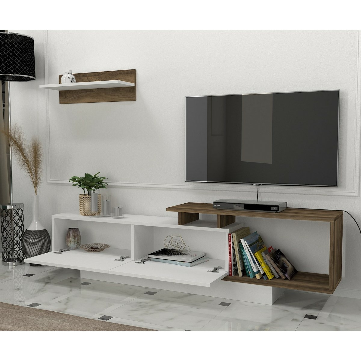 Televízny stolík s policou Asos White and Walnut – Obrázok 3