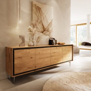 Komoda Stonegrace 200 cm dub prírodná 4 dvierka nohy oválne nerezová