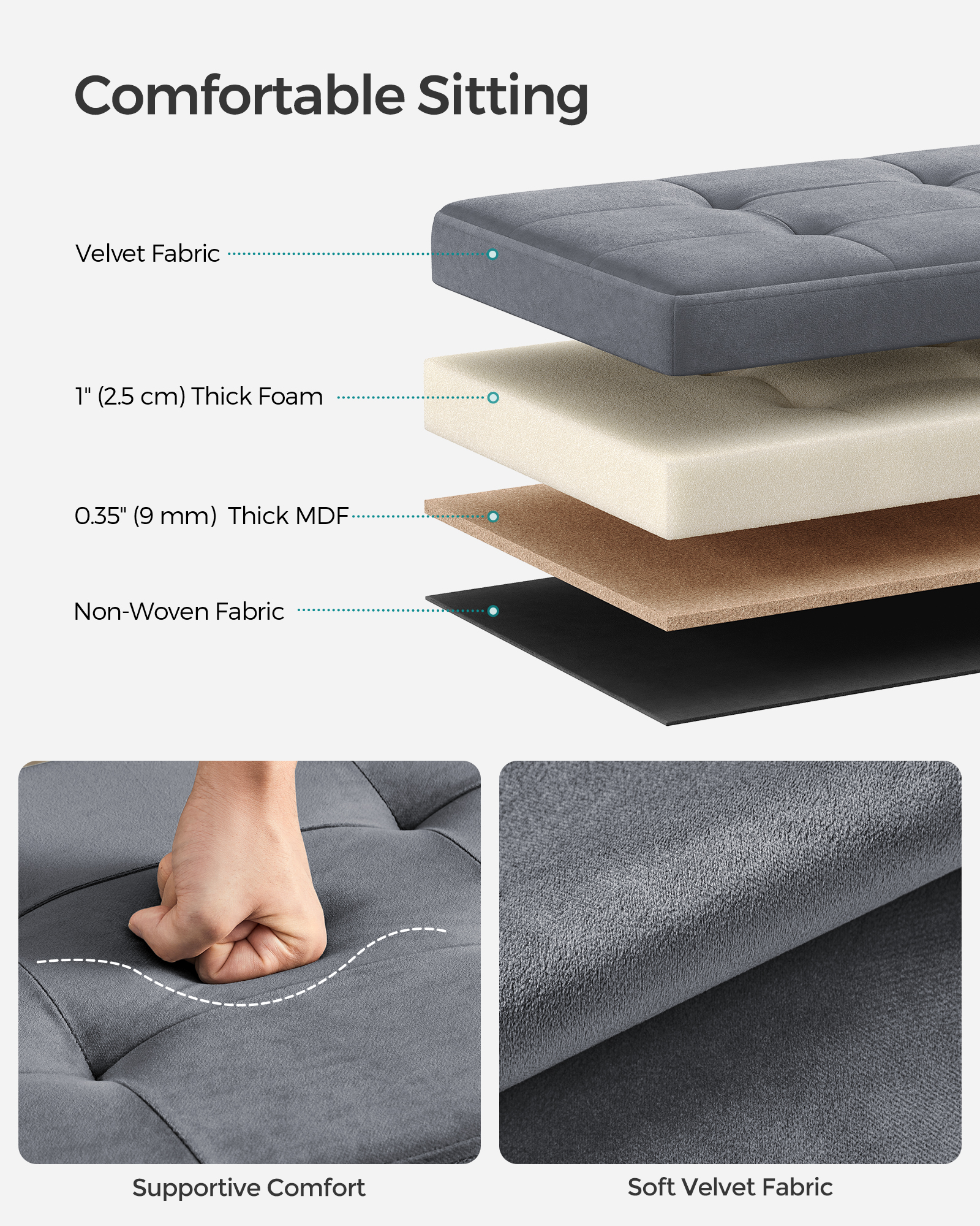 SONGMICS Skladací úložný lavica s úložným priestorom, nosnosť 300 kg, 110 x 38 x 38 cm, sivá – Obrázok 2