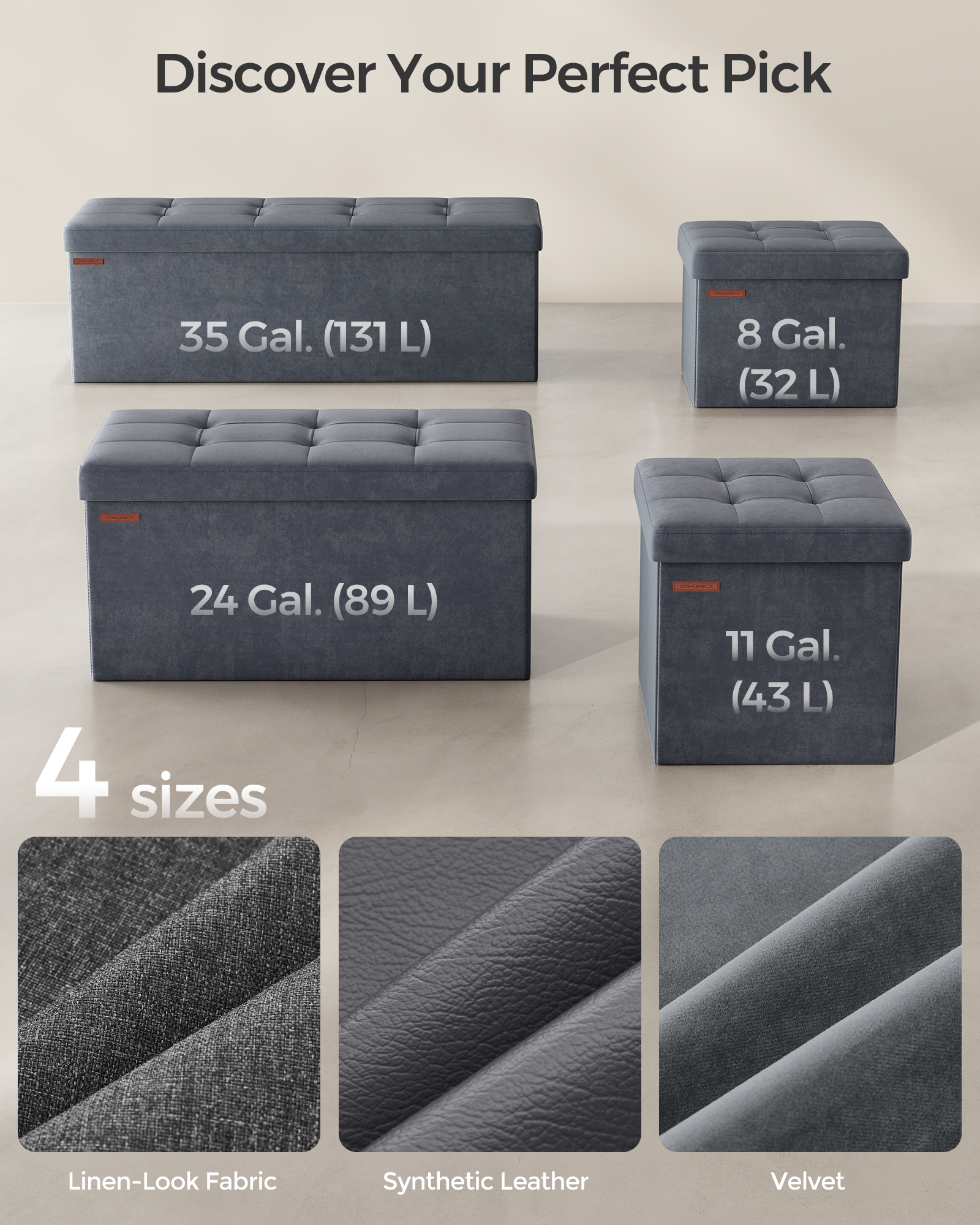 SONGMICS Skladací úložný lavica s úložným priestorom, nosnosť 300 kg, 110 x 38 x 38 cm, sivá – Obrázok 4