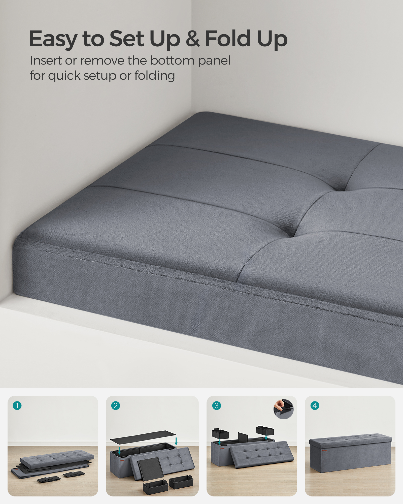 SONGMICS Skladací úložný lavica s úložným priestorom, nosnosť 300 kg, 110 x 38 x 38 cm, sivá – Obrázok 5
