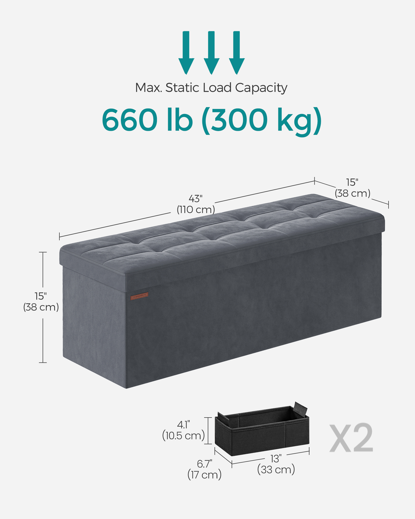 SONGMICS Skladací úložný lavica s úložným priestorom, nosnosť 300 kg, 110 x 38 x 38 cm, sivá – Obrázok 6