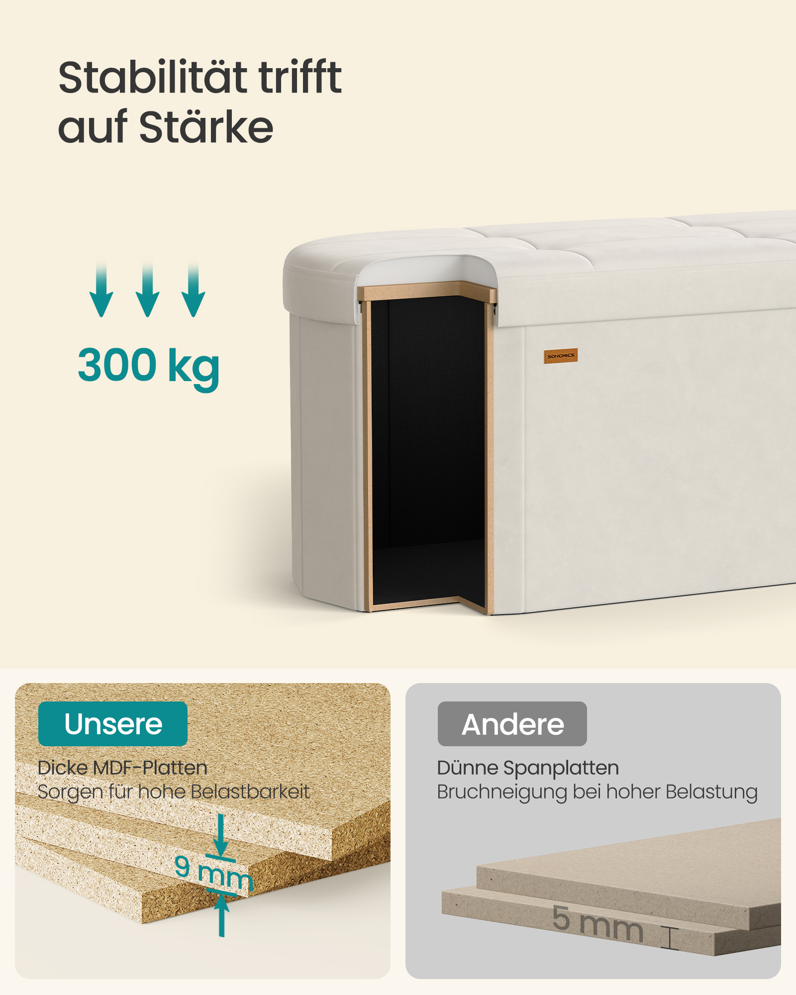 SONGMICS Skladací taburet s úložným priestorom, objem 110 l, 110 x 38 x 38 cm, krémová – Obrázok 2