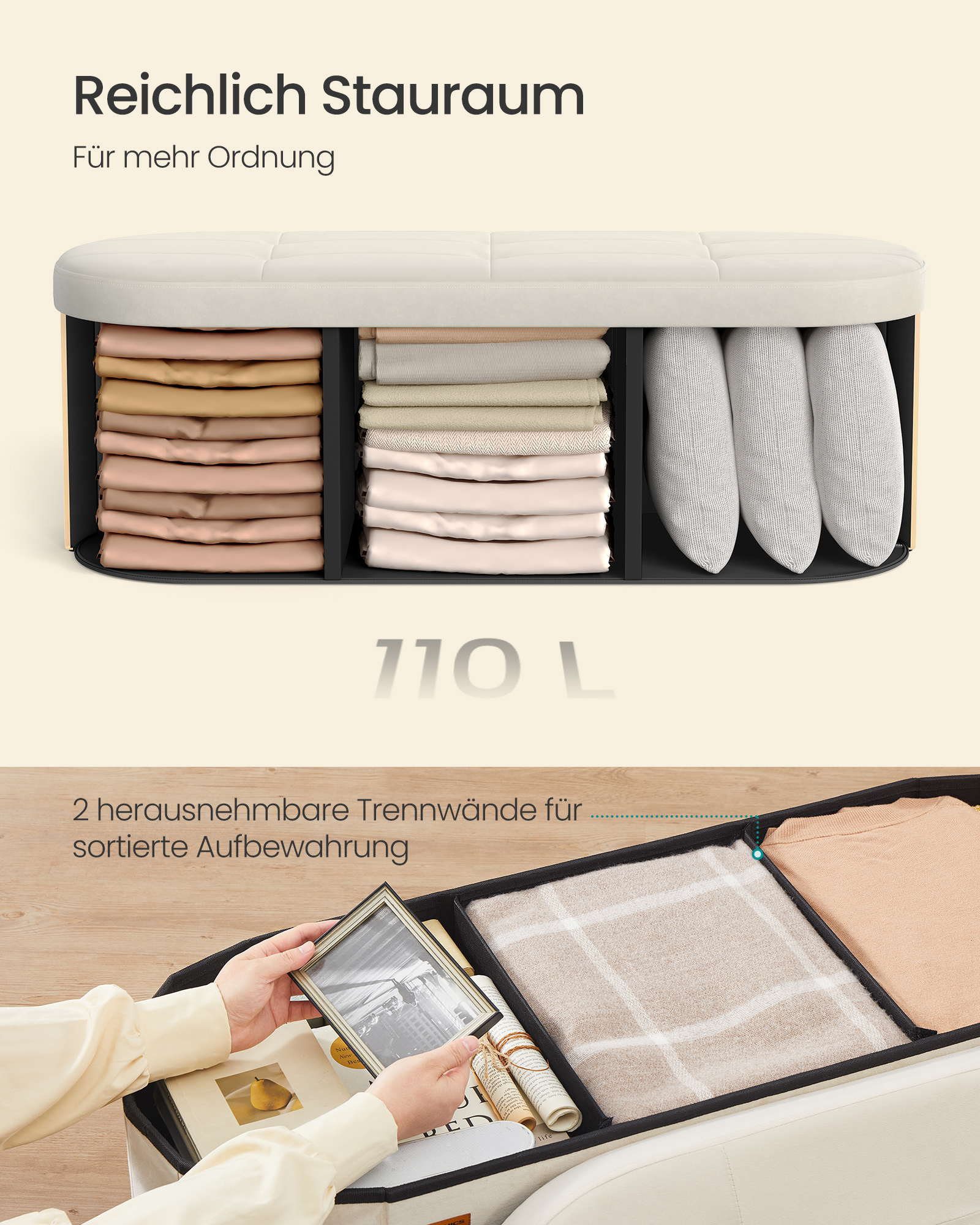 SONGMICS Skladací taburet s úložným priestorom, objem 110 l, 110 x 38 x 38 cm, krémová – Obrázok 4