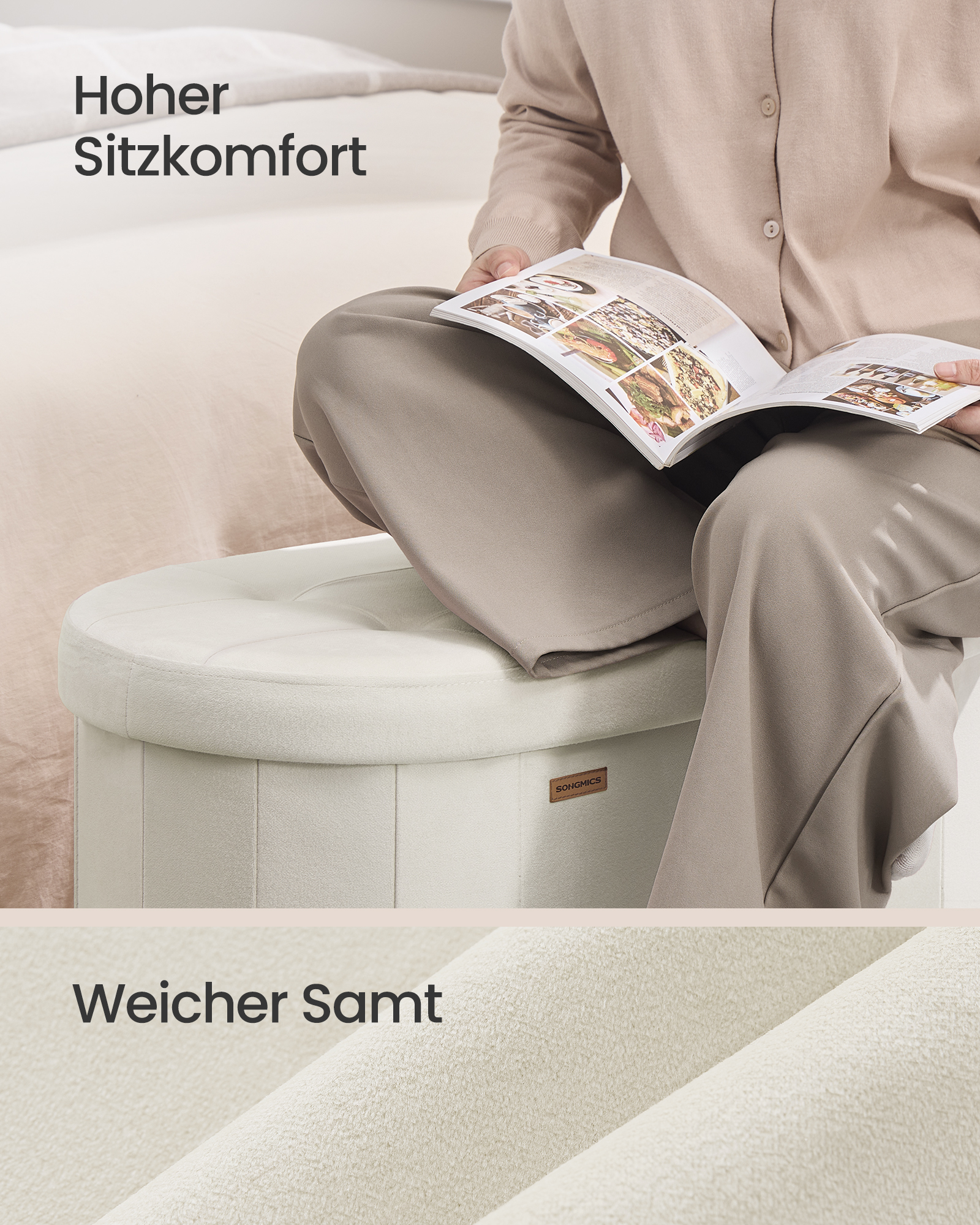 SONGMICS Skladací taburet s úložným priestorom, objem 110 l, 110 x 38 x 38 cm, krémová – Obrázok 5