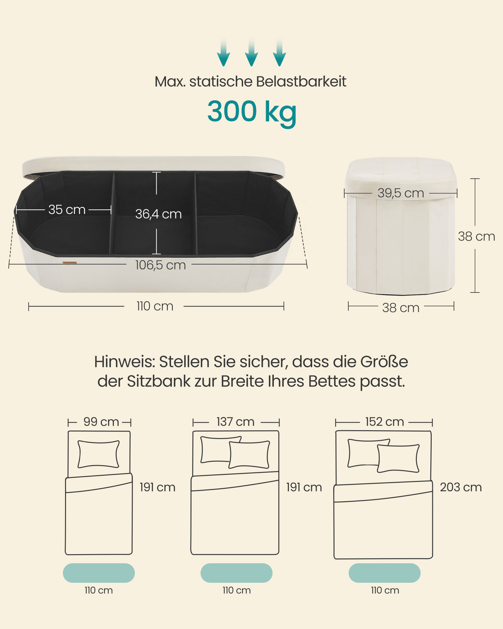 SONGMICS Skladací taburet s úložným priestorom, objem 110 l, 110 x 38 x 38 cm, krémová – Obrázok 6
