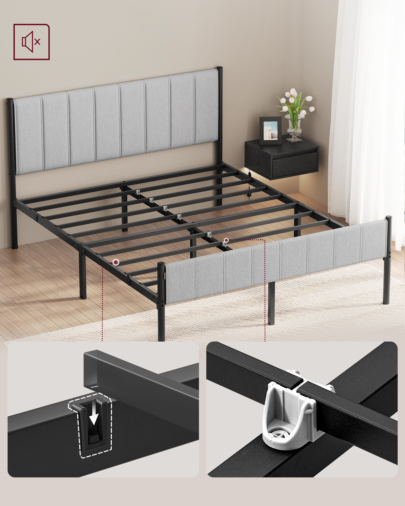 VASAGLE Rám postele pre manželskú posteľ s čalúneným čelom, oceľové lamely, nosnosť 500 kg, 160 x 200 cm, sivá, čierna – Obrázok 2