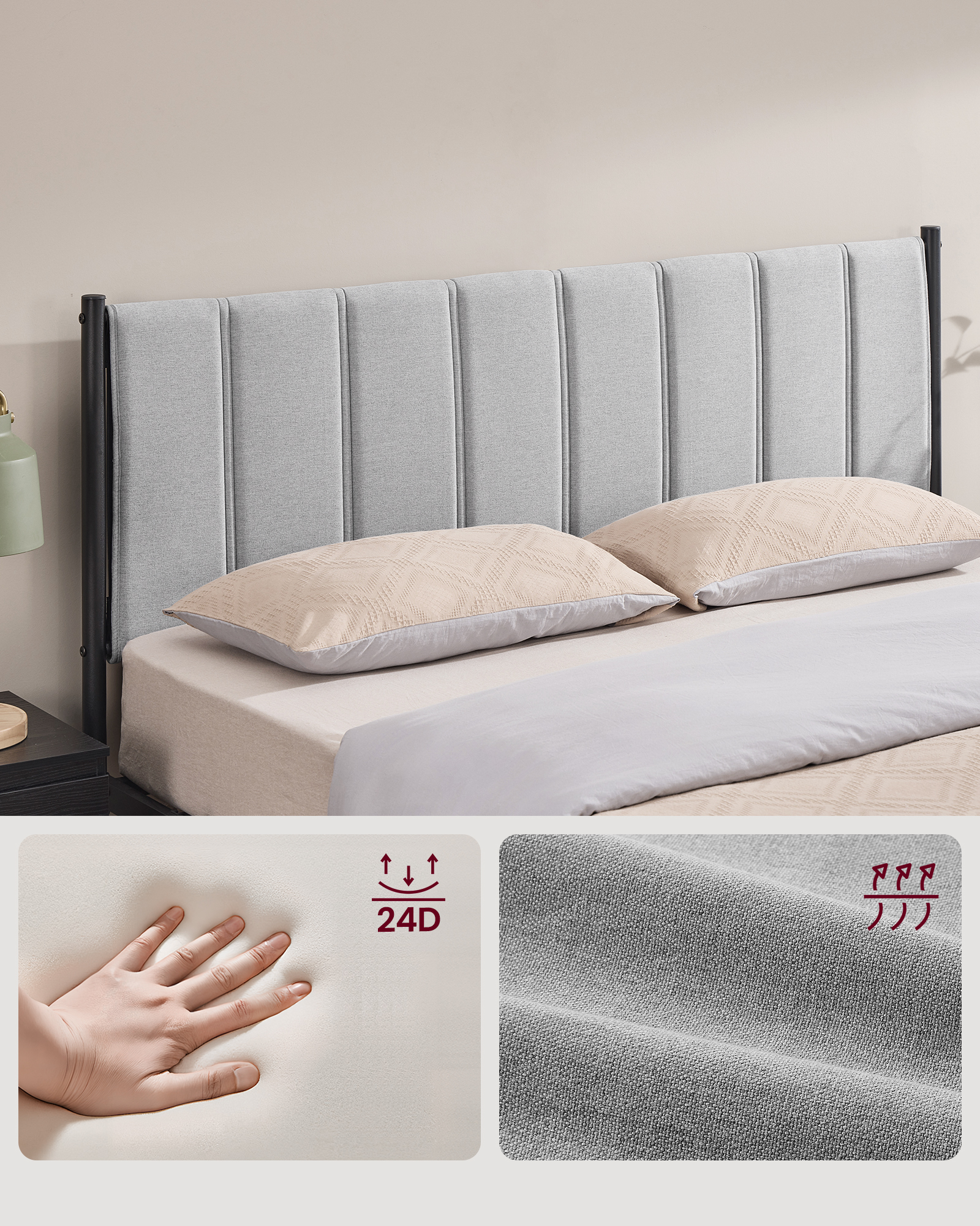 VASAGLE Rám postele pre manželskú posteľ s čalúneným čelom, oceľové lamely, nosnosť 500 kg, 160 x 200 cm, sivá, čierna – Obrázok 3