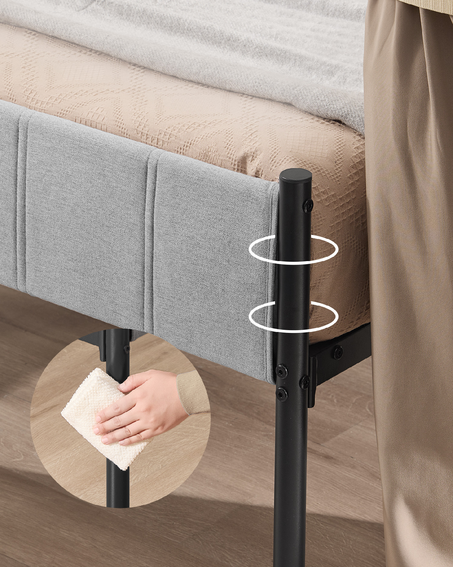 VASAGLE Rám postele pre manželskú posteľ s čalúneným čelom, oceľové lamely, nosnosť 500 kg, 160 x 200 cm, sivá, čierna – Obrázok 4