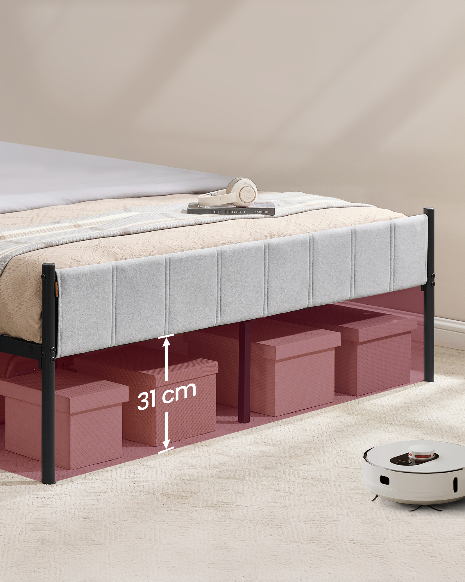 VASAGLE Rám postele pre manželskú posteľ s čalúneným čelom, oceľové lamely, nosnosť 500 kg, 160 x 200 cm, sivá, čierna – Obrázok 5