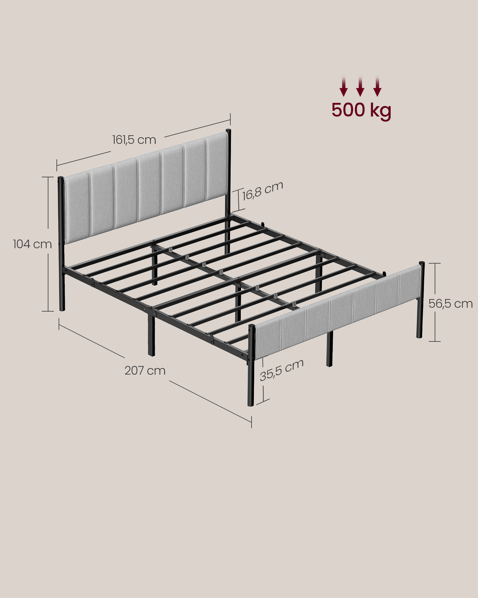 VASAGLE Rám postele pre manželskú posteľ s čalúneným čelom, oceľové lamely, nosnosť 500 kg, 160 x 200 cm, sivá, čierna – Obrázok 6