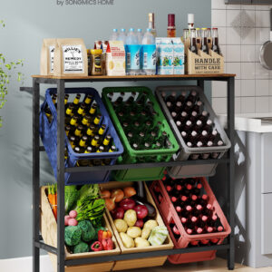 SONGMICS Kovový stojan LIFEWIT pre 6 prepraviek s policou, nosnosť 340 kg 104 x 117 x 40 cm hnedá