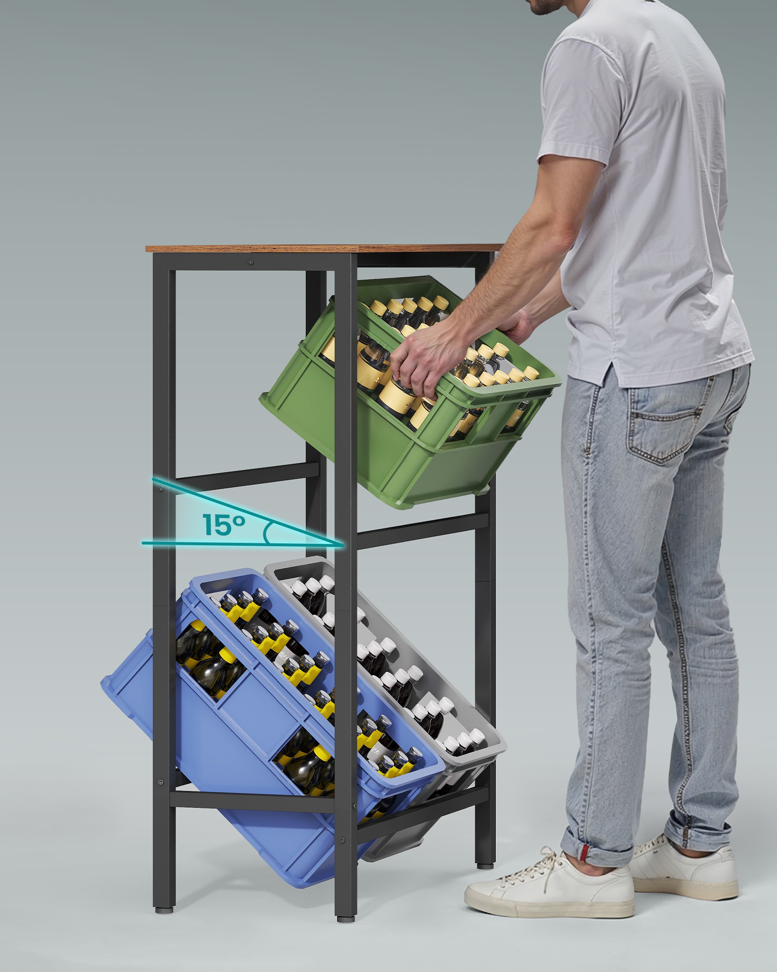 SONGMICS Kovový stojan LIFEWIT pre 4 prepravky s policou, nosnosť 340 kg 70 x 117 x 40 cm hnedá – Obrázok 2