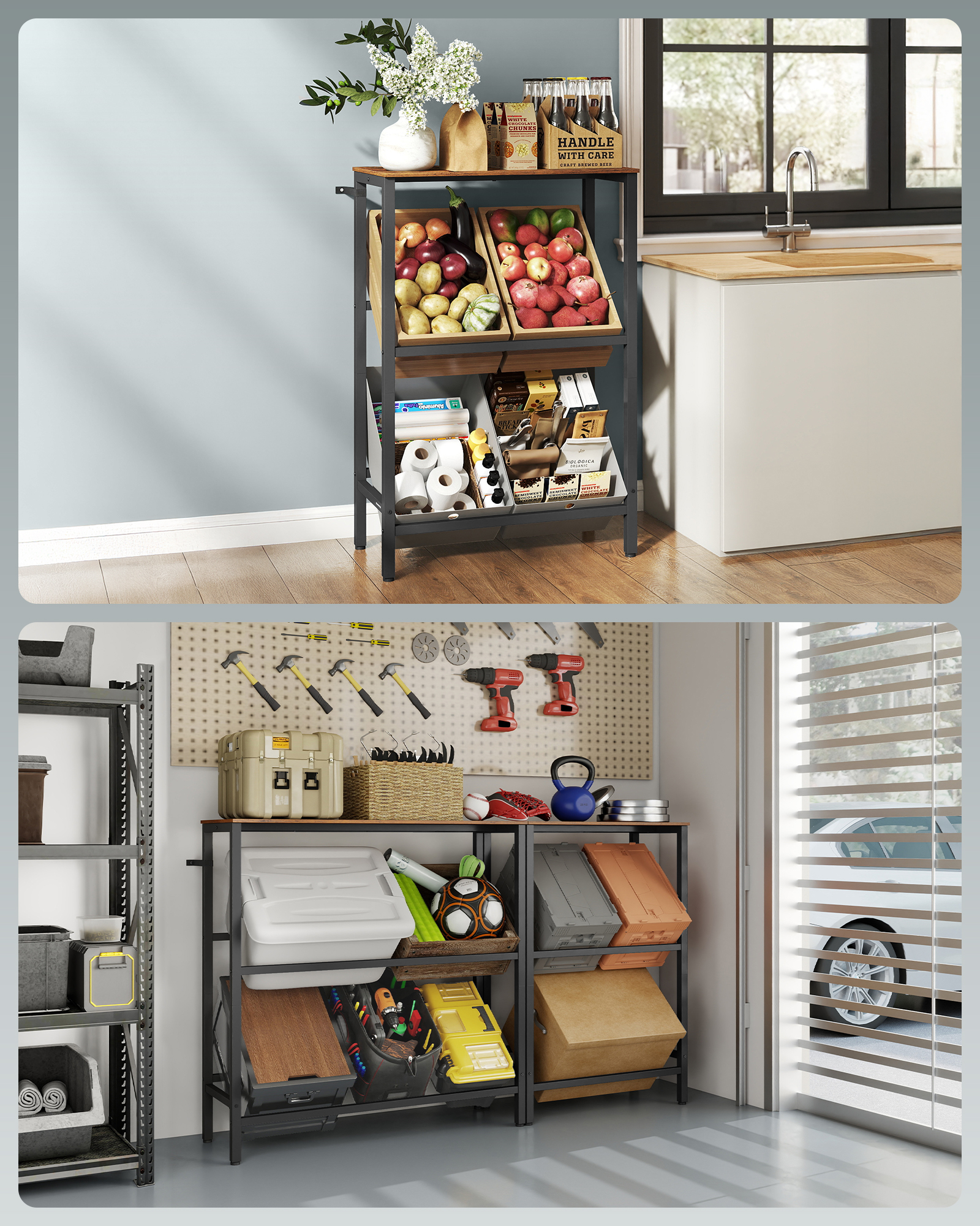 SONGMICS Kovový stojan LIFEWIT pre 4 prepravky s policou, nosnosť 340 kg 70 x 117 x 40 cm hnedá – Obrázok 5