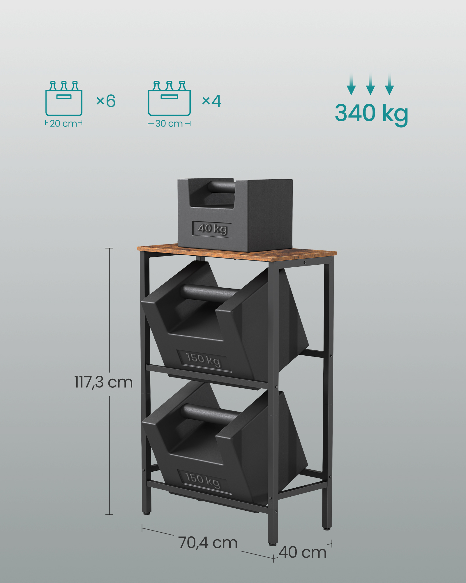 SONGMICS Kovový stojan LIFEWIT pre 4 prepravky s policou, nosnosť 340 kg 70 x 117 x 40 cm hnedá – Obrázok 6