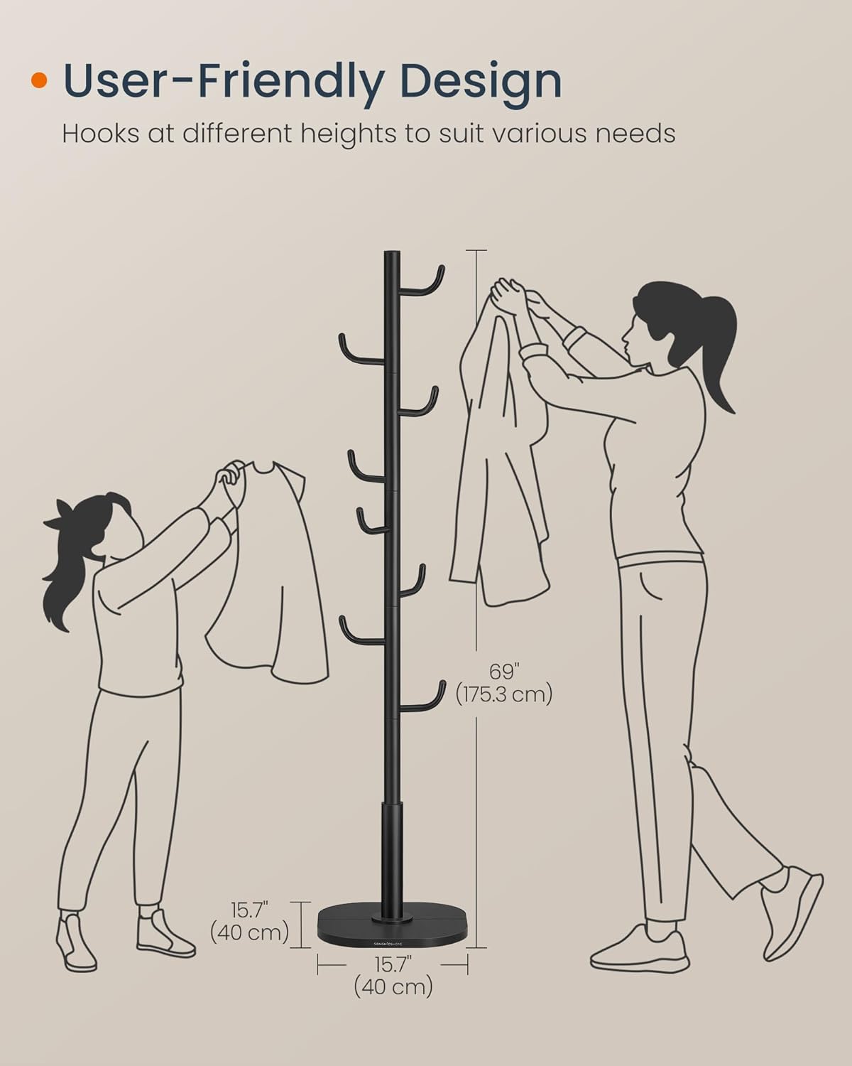SONGMICS Vešiak na kabáty CACTUS, 8 háčikov, výška 172 cm, čierny – Obrázok 5
