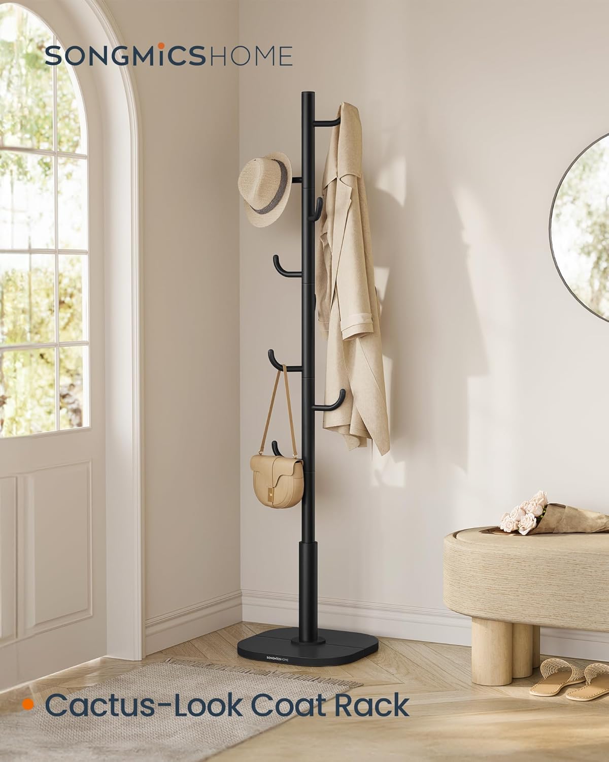SONGMICS Vešiak na kabáty CACTUS, 8 háčikov, výška 172 cm, čierny