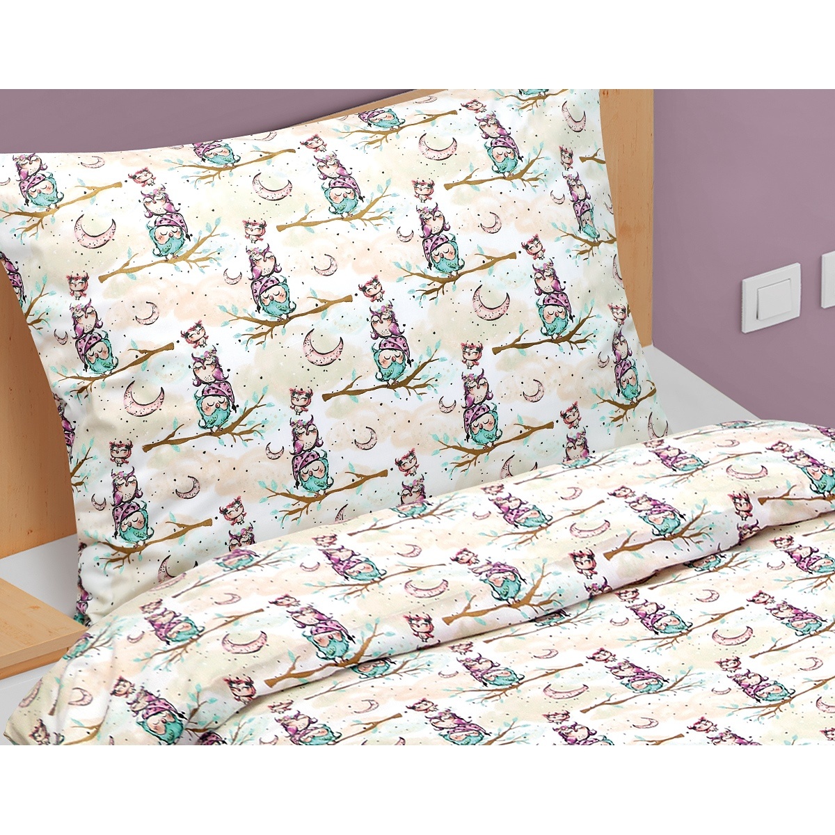 Bellatex Bavlnené obliečky Junior Sovička na vetve, 140 x 200 cm, 70 x 90 cm – Obrázok 2