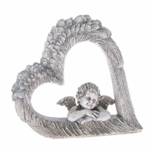 Dekorácia srdca s anjelom, šedá, polyresin, 14,5 x 13,5 x 4 cm