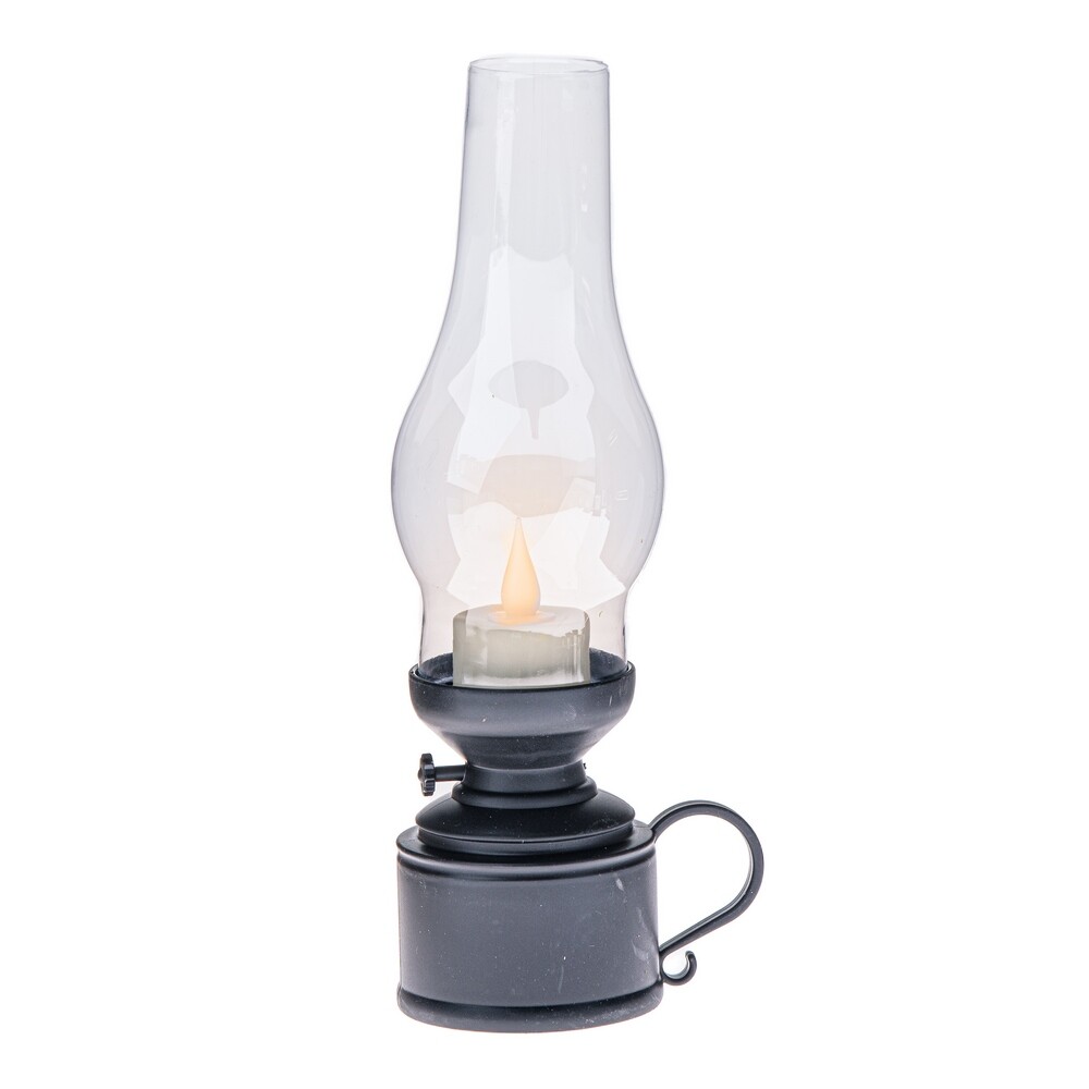 Plastový lampáš s LED sviečkou Flame, v. 24,5 cm, čierna