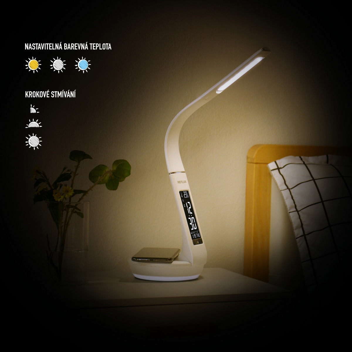 Retlux RTL 204 Stolová LED lampa s displejom a Qi dobíjaním čierna, 6 W – Obrázok 6