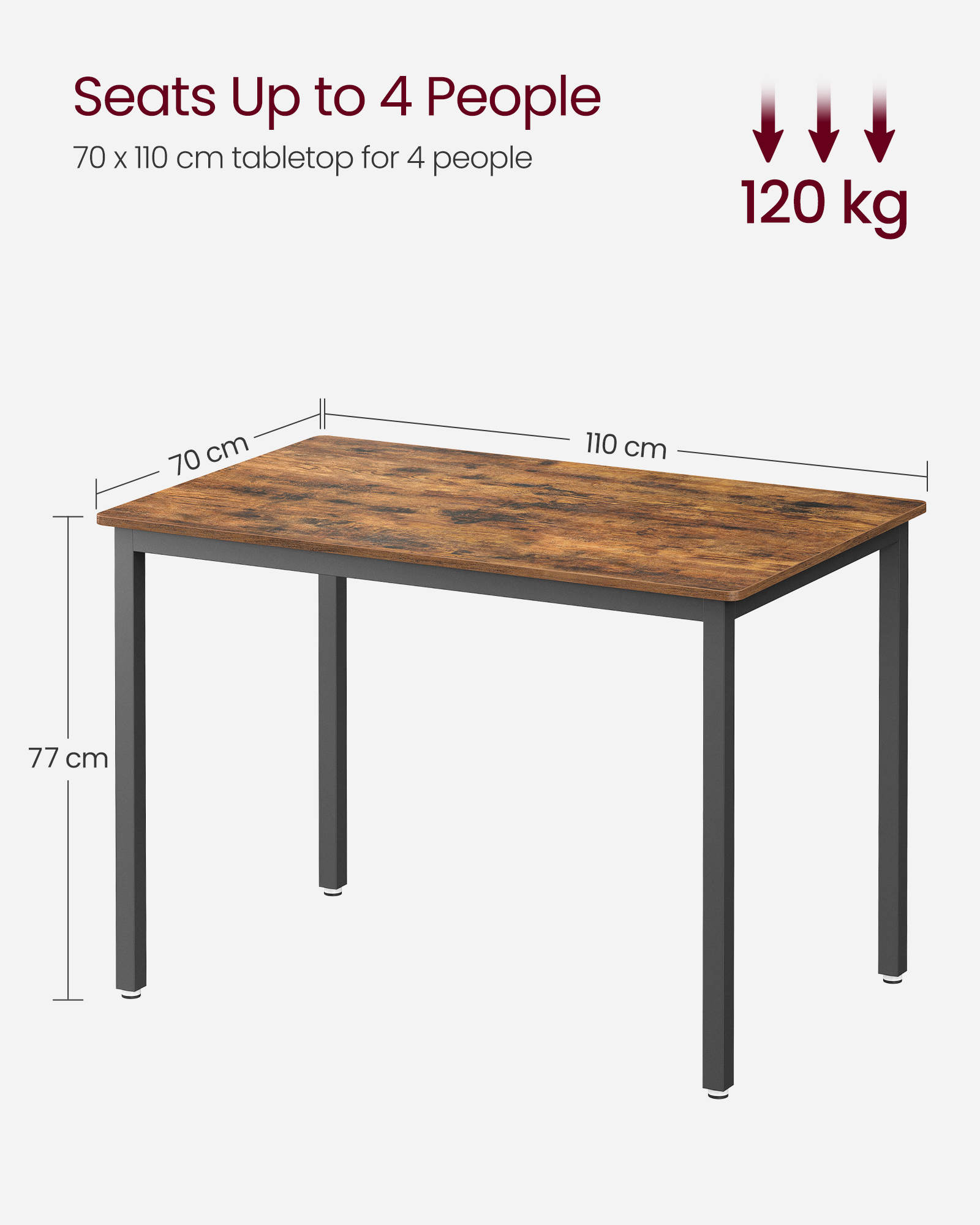 VASAGLE Kuchynský jedálenský stôl v industriálnom štýle 70 x 110 x 77 cm hnedá čierna – Obrázok 7