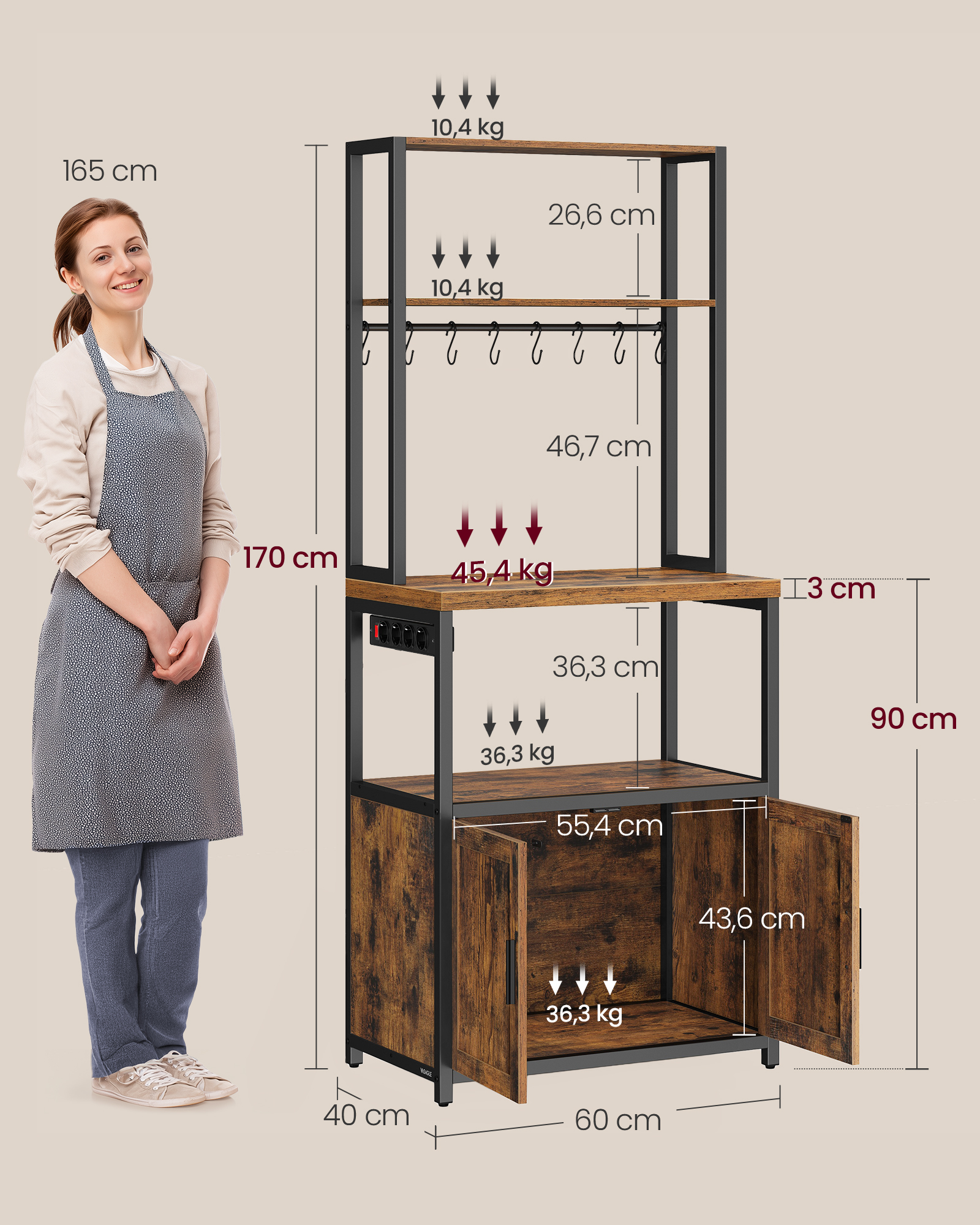 VASAGLE Kuchynská polica so zásuvkovou lištou a pracovnou doskou 60 x 170 x 40 cm hnedá čierna – Obrázok 6