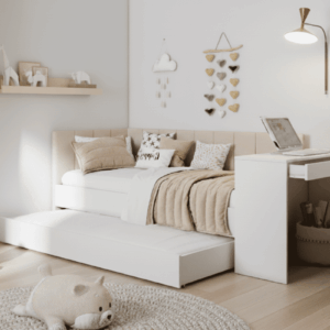 ArtBed Detská posteľ FREYA s prístelkou a so stolíkom | biela / béžová (Panama 706) 90 x 200 cm