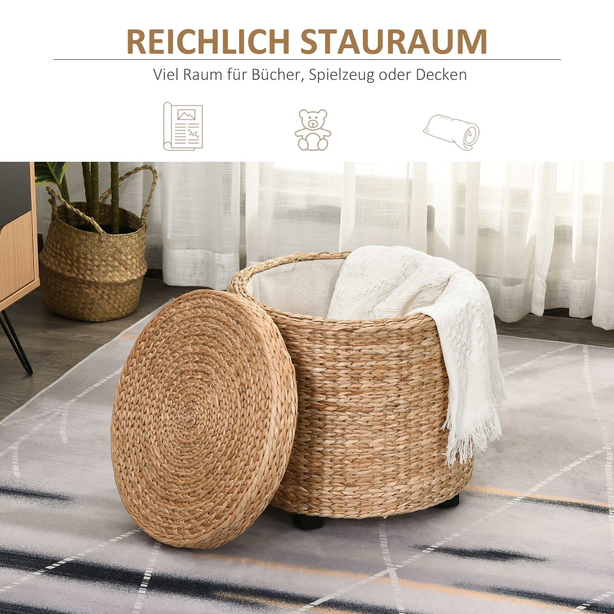 HOMCOM Stolička s úložným priestorom slama ratan 43x43cm – Obrázok 2