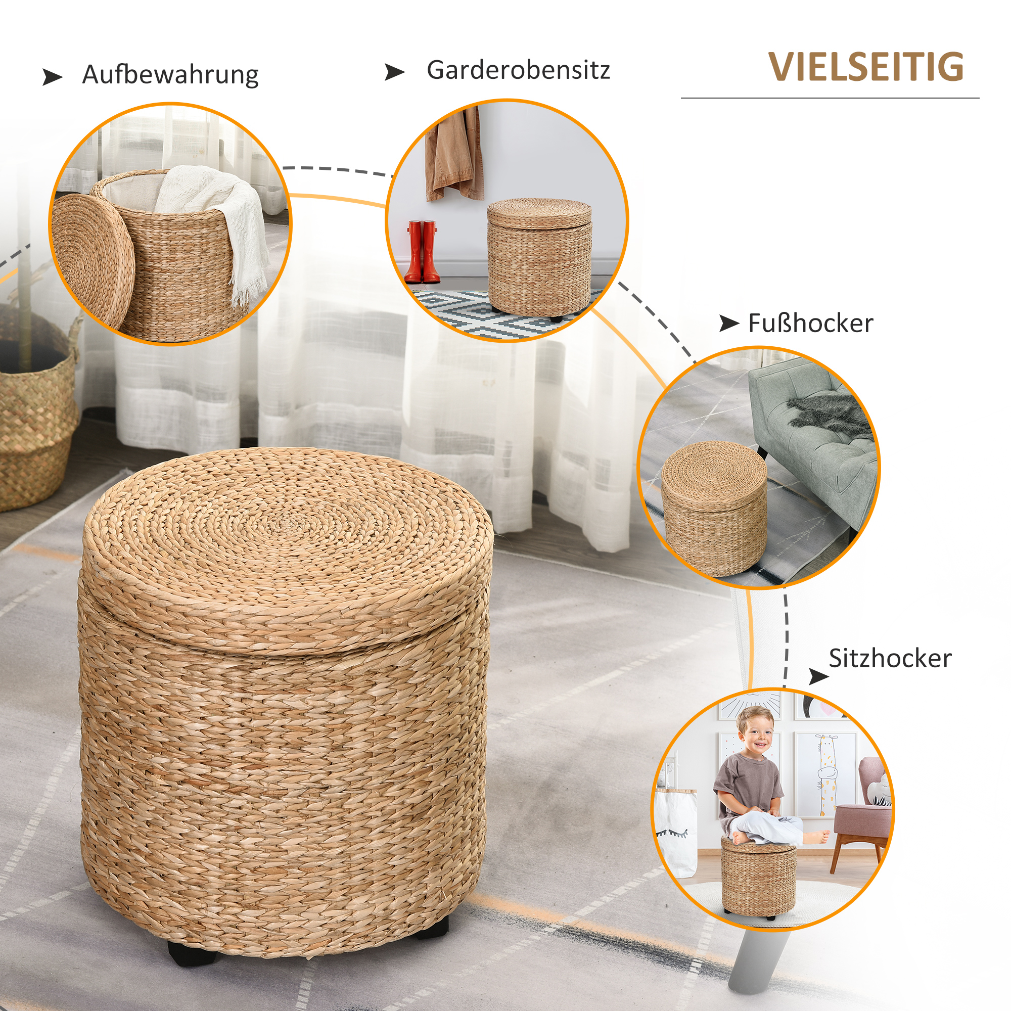 HOMCOM Stolička s úložným priestorom slama ratan 43x43cm – Obrázok 3