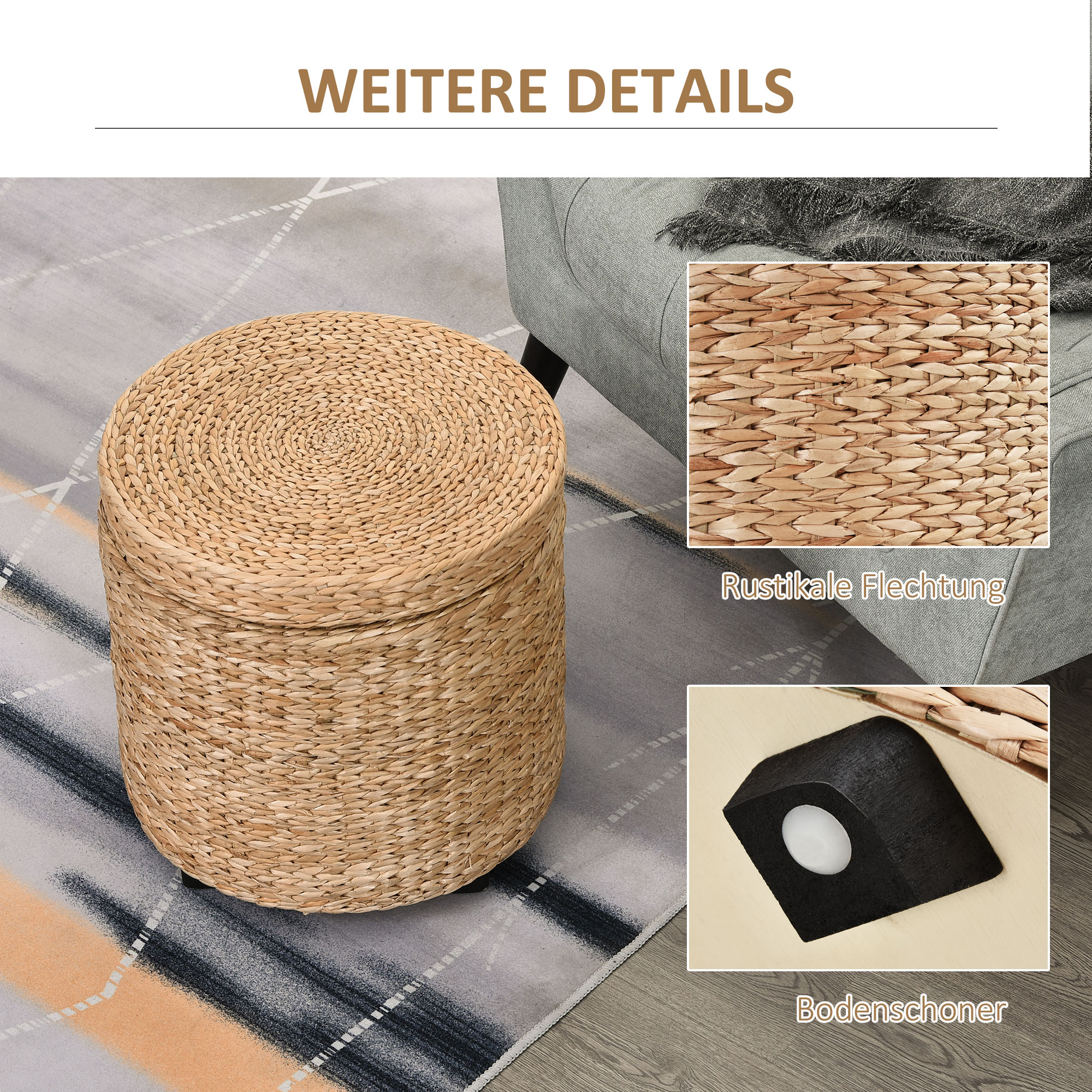 HOMCOM Stolička s úložným priestorom slama ratan 43x43cm – Obrázok 4