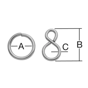 Krúžok + S-hák poniklovaný – A-30 mm, B-20 mm, C-3 mm – bal. 2+1